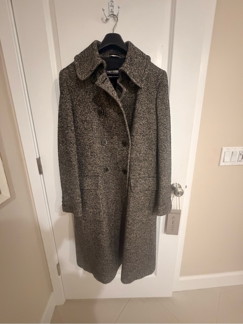 MaxMara Women’s Wool Blend Double Breasted Overcoat in Charcoal Tweed